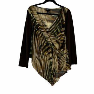 Ronen Chen Animal Print Stripe V-Neck‎ Long Sleeve Tunic Blouse Sheer 5/ US 14